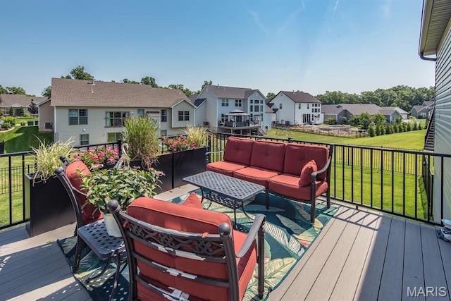 509 Spruce Hollow Ct, Wentzville, MO 63385 - wooden terrace with a residential view, an outdoor hangout area, and a lawn