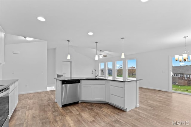 104 Tick Rd, Silex, MO 63377 - kitchen featuring stainless steel dishwasher, white cabinets, light wood-style flooring, a ceiling fan, and lofted ceiling