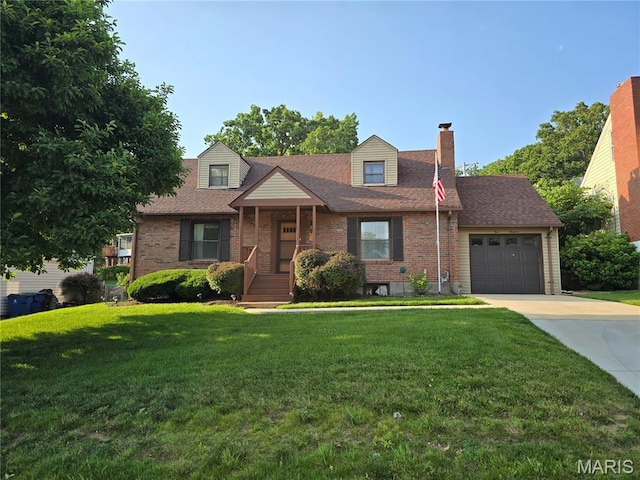 914 Trelane Ave, Crestwood, MO 63126 - cape cod-style house featuring driveway, a front lawn, a chimney, an attached garage, and brick siding