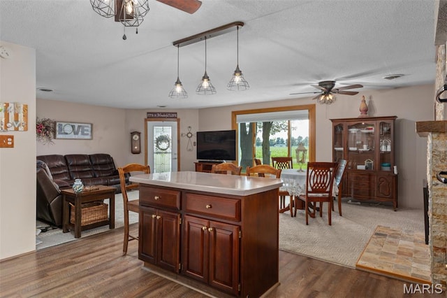 900 Montana St, Gillespie, IL 62033 - kitchen with a ceiling fan, open floor plan, dark wood-type flooring, light countertops, and a textured ceiling