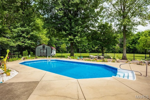 900 Montana St, Gillespie, IL 62033 - view of swimming pool featuring a patio, view of wooded area, and a storage shed
