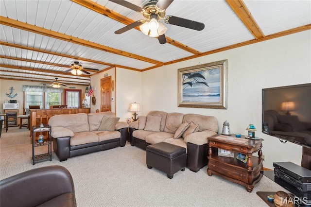 614 Main St, Keyesport, IL 62253 - living area with carpet, a ceiling fan, and beamed ceiling