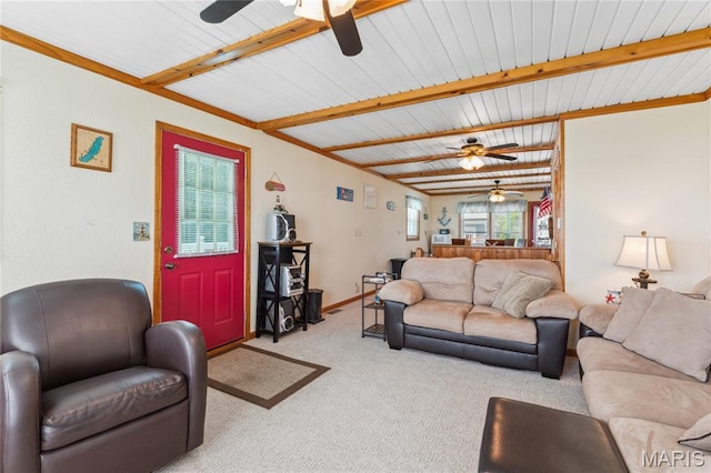 614 Main St, Keyesport, IL 62253 - living room featuring a ceiling fan, carpet floors, and beam ceiling