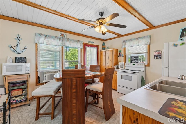 614 Main St, Keyesport, IL 62253 - dining area featuring light carpet, healthy amount of natural light, ceiling fan, cooling unit, and a wooden ceiling with exposed beams