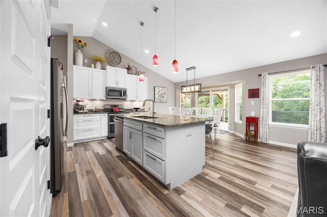 815 Mule Creek Dr, Wentzville, MO 63385 - kitchen with stainless steel appliances, wood finished floors, a breakfast bar area, a kitchen island with sink, and recessed lighting