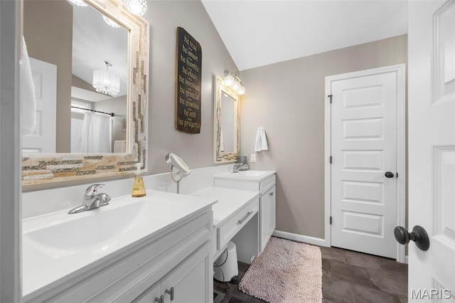 815 Mule Creek Dr, Wentzville, MO 63385 - full bathroom featuring vanity, vaulted ceiling, a chandelier, and a shower with shower curtain