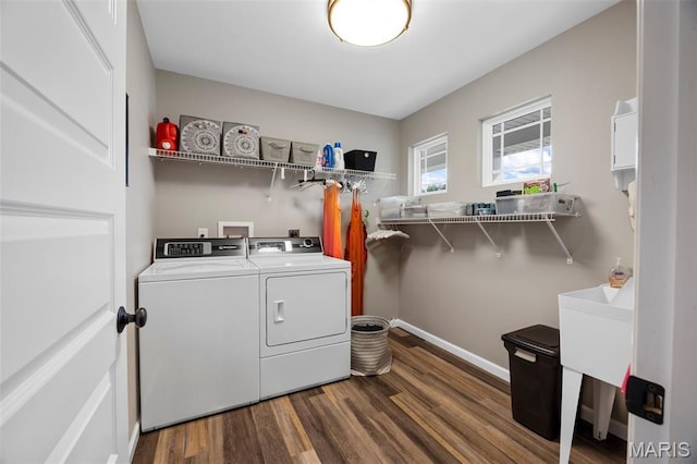 815 Mule Creek Dr, Wentzville, MO 63385 - washroom with washing machine and dryer and dark wood-style floors
