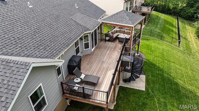 815 Mule Creek Dr, Wentzville, MO 63385 - wooden deck featuring an outdoor hangout area, a fenced backyard, outdoor dining space, a gazebo, and area for grilling