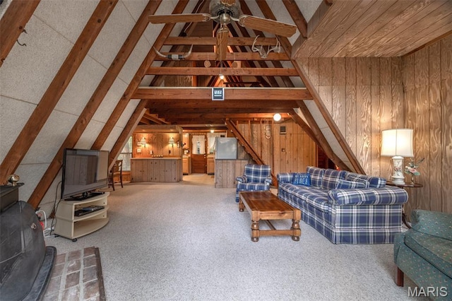 376 W Wanderfern Circle Dr, Innsbrook, MO 63390 - living area featuring vaulted ceiling, wooden walls, and ceiling fan