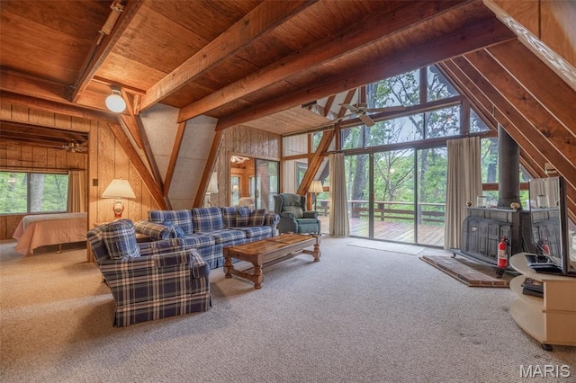 376 W Wanderfern Circle Dr, Innsbrook, MO 63390 - carpeted living area featuring a wood stove, wood ceiling, and wood walls