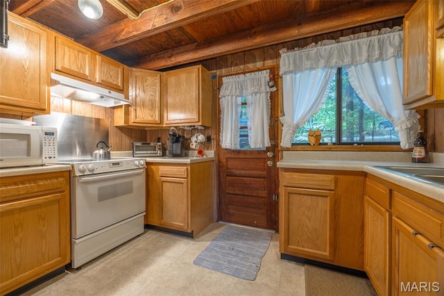 376 W Wanderfern Circle Dr, Innsbrook, MO 63390 - kitchen featuring white appliances, wood ceiling with exposed beams, under cabinet range hood, and light countertops