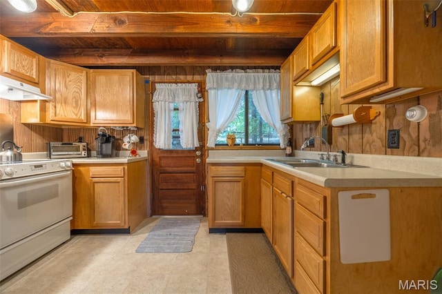 376 W Wanderfern Circle Dr, Innsbrook, MO 63390 - kitchen featuring white range with electric stovetop, wood ceiling with exposed beams, a sink, under cabinet range hood, and light countertops
