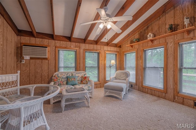 376 W Wanderfern Circle Dr, Innsbrook, MO 63390 - living room with a wall unit AC, wood walls, a ceiling fan, and carpet floors