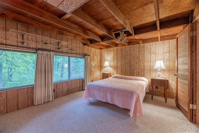 376 W Wanderfern Circle Dr, Innsbrook, MO 63390 - bedroom with wood walls, carpet flooring, and wood ceiling with exposed beams