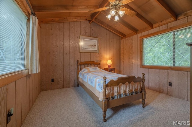 376 W Wanderfern Circle Dr, Innsbrook, MO 63390 - carpeted bedroom featuring multiple windows, wood walls, wooden ceiling, and ceiling fan