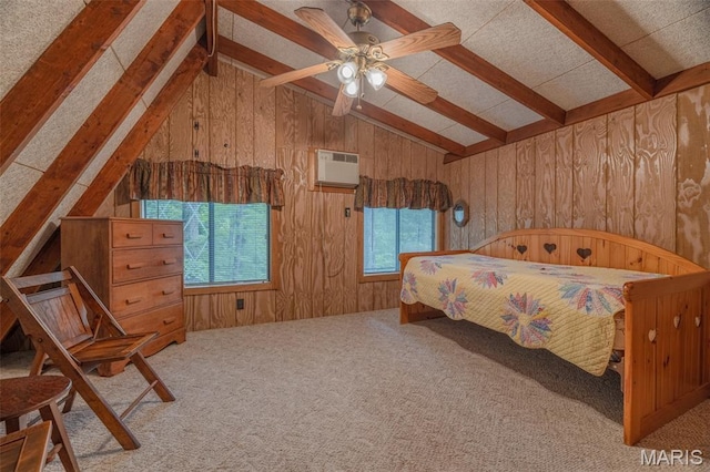 376 W Wanderfern Circle Dr, Innsbrook, MO 63390 - bedroom featuring wooden walls, carpet floors, a wall unit AC, and ceiling fan
