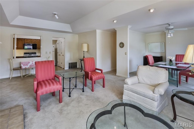 210 N Taylor Ave Unit C, Kirkwood, MO 63122 - living area featuring crown molding, light carpet, a tray ceiling, and ceiling fan