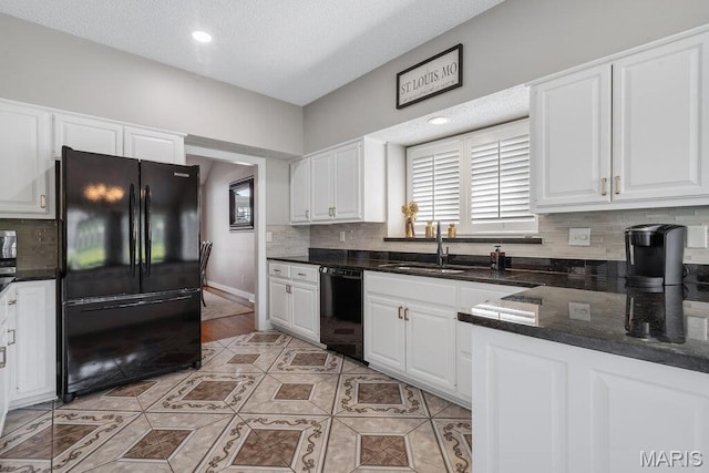 108 Lucys Lndg, Waterloo, IL 62298 - kitchen featuring black appliances, white cabinetry, light tile patterned floors, decorative backsplash, and recessed lighting