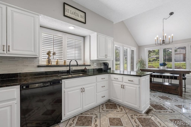 108 Lucys Lndg, Waterloo, IL 62298 - kitchen featuring black dishwasher, lofted ceiling, a chandelier, tasteful backsplash, and white cabinets