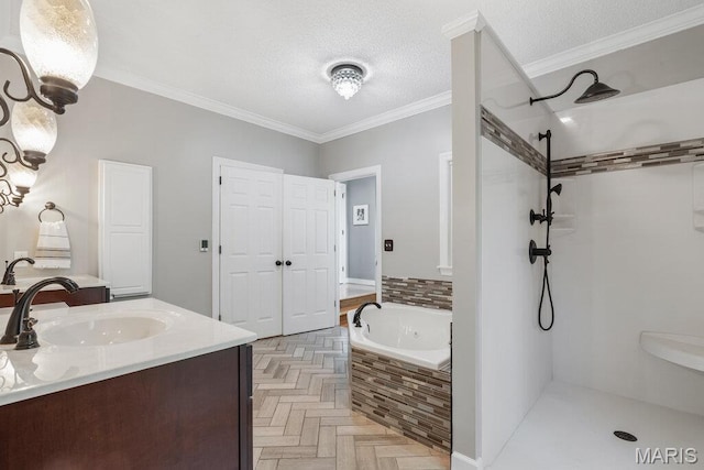 108 Lucys Lndg, Waterloo, IL 62298 - bathroom featuring a whirlpool tub, a walk in shower, vanity, ornamental molding, and a textured ceiling