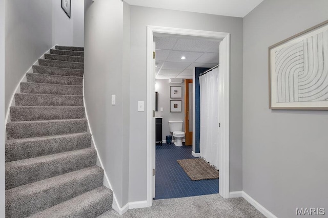 108 Lucys Lndg, Waterloo, IL 62298 - staircase featuring a paneled ceiling, carpet floors, and recessed lighting