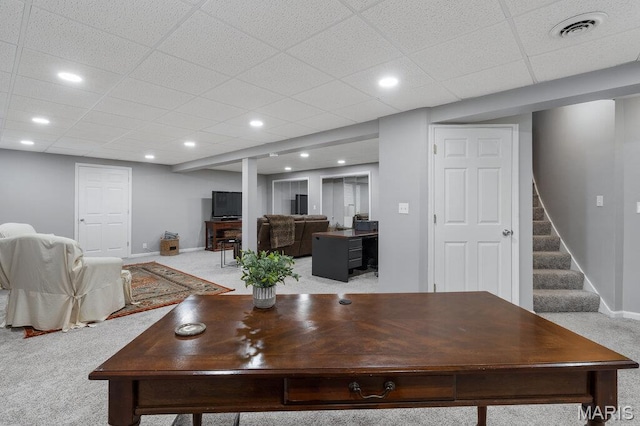 108 Lucys Lndg, Waterloo, IL 62298 - living room featuring carpet, stairway, a paneled ceiling, and recessed lighting