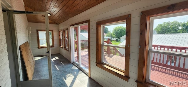 1629 Swanwick St, Chester, IL 62233 - doorway featuring vaulted ceiling, wood walls, wooden ceiling, and a barn door