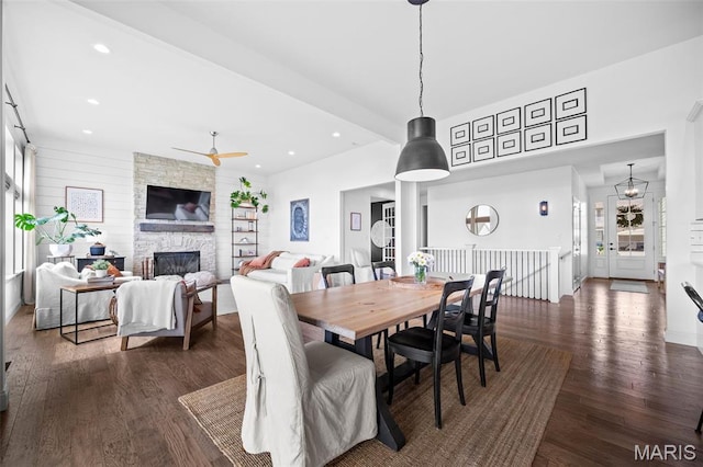 932 Colebrook Ct, Lake St Louis, MO 63367 - dining area with a ceiling fan, a fireplace, dark wood-style floors, and recessed lighting