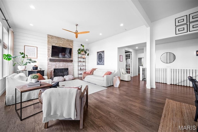 932 Colebrook Ct, Lake St Louis, MO 63367 - living area with ceiling fan, a stone fireplace, wood finished floors, and recessed lighting