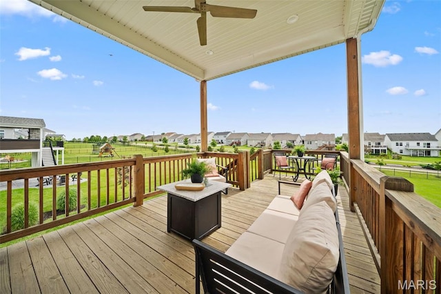 932 Colebrook Ct, Lake St Louis, MO 63367 - wooden deck featuring a residential view, a playground, outdoor dining space, and a ceiling fan