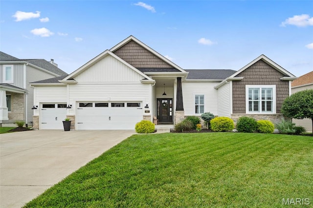 932 Colebrook Ct, Lake St Louis, MO 63367 - craftsman-style home with stone siding, a garage, a front lawn, concrete driveway, and board and batten siding