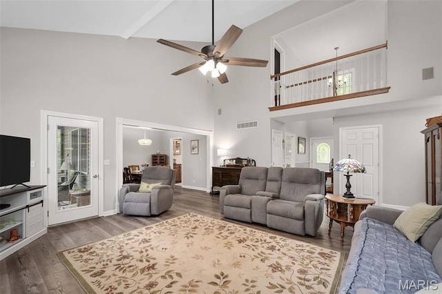 20220 Inverness Dr, Marthasville, MO 63357 - living area with high vaulted ceiling, wood finished floors, and a ceiling fan