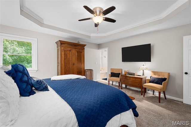 20220 Inverness Dr, Marthasville, MO 63357 - carpeted bedroom featuring a raised ceiling, ornamental molding, ensuite bath, and a ceiling fan