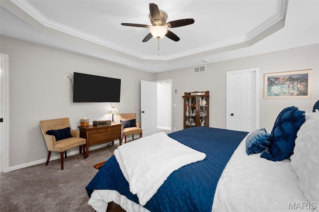 20220 Inverness Dr, Marthasville, MO 63357 - bedroom featuring a raised ceiling, ornamental molding, carpet, and a ceiling fan