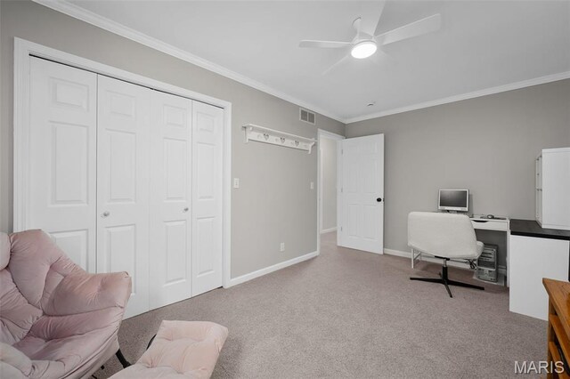 20220 Inverness Dr, Marthasville, MO 63357 - carpeted office featuring ceiling fan and crown molding