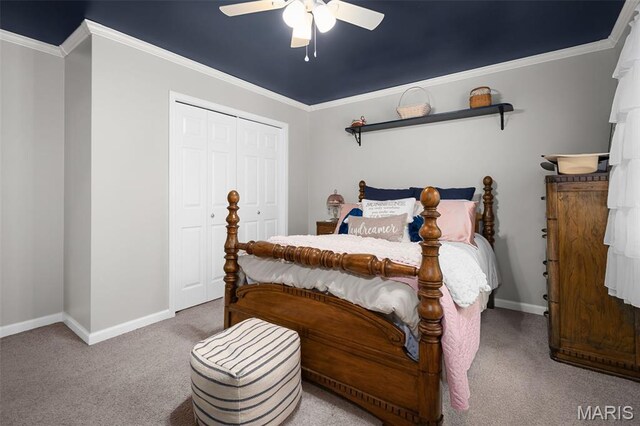 20220 Inverness Dr, Marthasville, MO 63357 - carpeted bedroom featuring ornamental molding, a closet, and ceiling fan