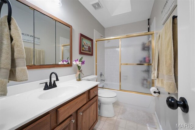 20220 Inverness Dr, Marthasville, MO 63357 - full bathroom with vanity, enclosed tub / shower combo, tile patterned floors, and a skylight