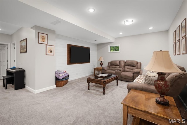 20220 Inverness Dr, Marthasville, MO 63357 - living room featuring light colored carpet, wooden walls, and recessed lighting