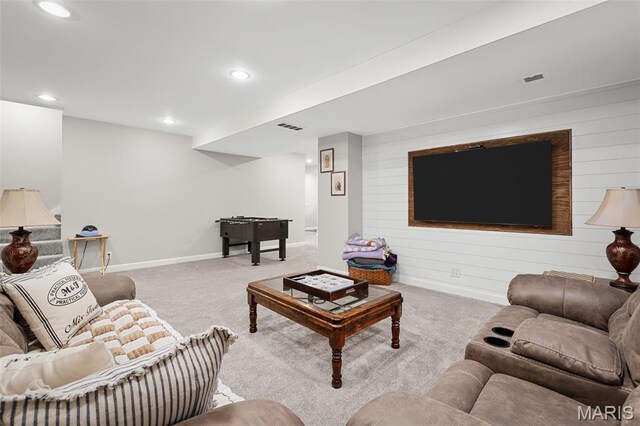 20220 Inverness Dr, Marthasville, MO 63357 - carpeted living area featuring wooden walls and recessed lighting
