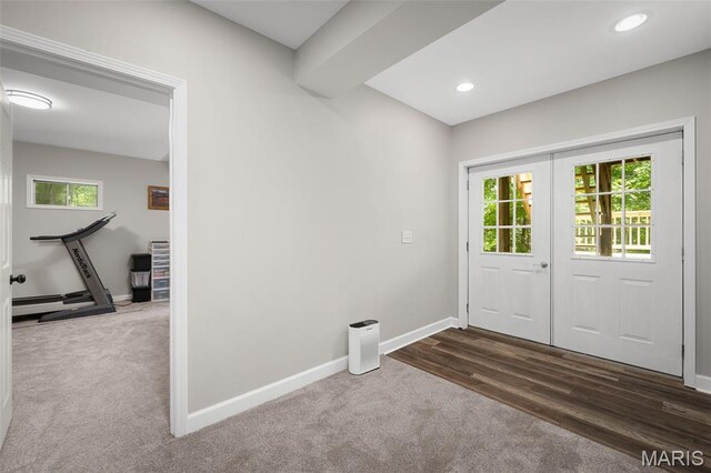 20220 Inverness Dr, Marthasville, MO 63357 - entryway with french doors, dark colored carpet, and recessed lighting