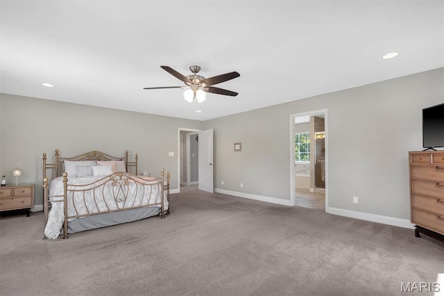 306 Essen Ln, Ballwin, MO 63021 - carpeted bedroom featuring recessed lighting, ceiling fan, and connected bathroom
