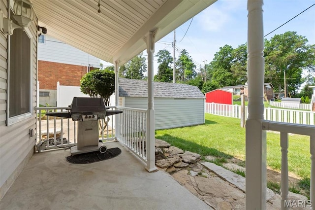 12330 Cape Cod Dr, Creve Coeur Township, MO 63146 - view of patio / terrace featuring a storage shed and grilling area