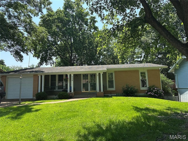 924 Brookvale Ter, Manchester, MO 63021 - ranch-style home featuring a garage, a front yard, brick siding, a porch, and driveway