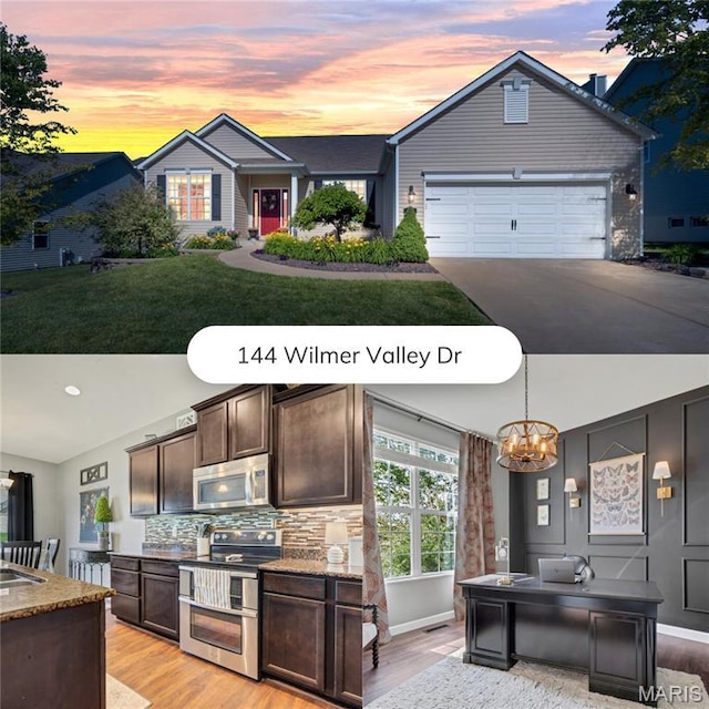 144 Wilmer Valley Dr, Wentzville, MO 63385 - kitchen with stainless steel appliances, a chandelier, dark brown cabinetry, light wood-style flooring, and recessed lighting