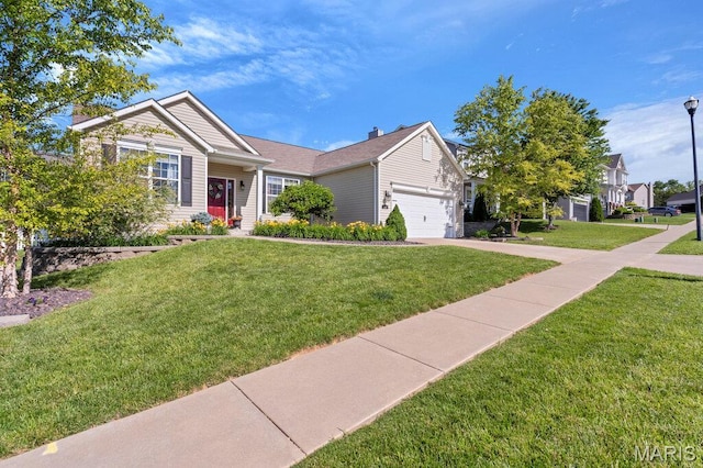144 Wilmer Valley Dr, Wentzville, MO 63385 - single story home with a front lawn, an attached garage, driveway, and a chimney