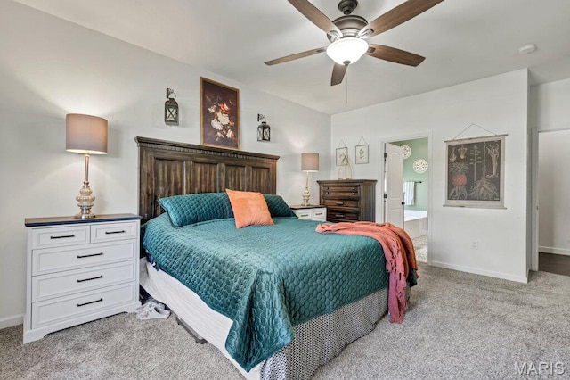144 Wilmer Valley Dr, Wentzville, MO 63385 - bedroom with light colored carpet, ensuite bath, and a ceiling fan