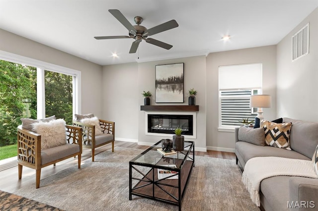 341 Newbridge Way, Ofallon, MO 63368 - living area featuring wood finished floors, a ceiling fan, recessed lighting, and a glass covered fireplace