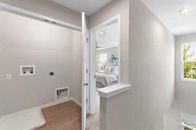 341 Newbridge Way, Ofallon, MO 63368 - washroom with hookup for an electric dryer, hookup for a washing machine, wood finished floors, and a ceiling fan