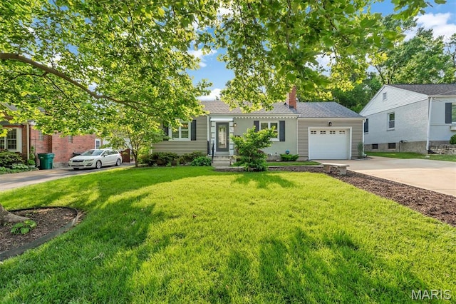 657 Lilac Ave, Webster Groves, MO 63119 - view of front of house with driveway, a chimney, a garage, and a front lawn
