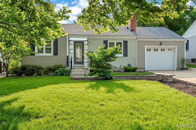 657 Lilac Ave, Webster Groves, MO 63119 - view of front of property with a garage, a chimney, driveway, a front lawn, and roof with shingles
